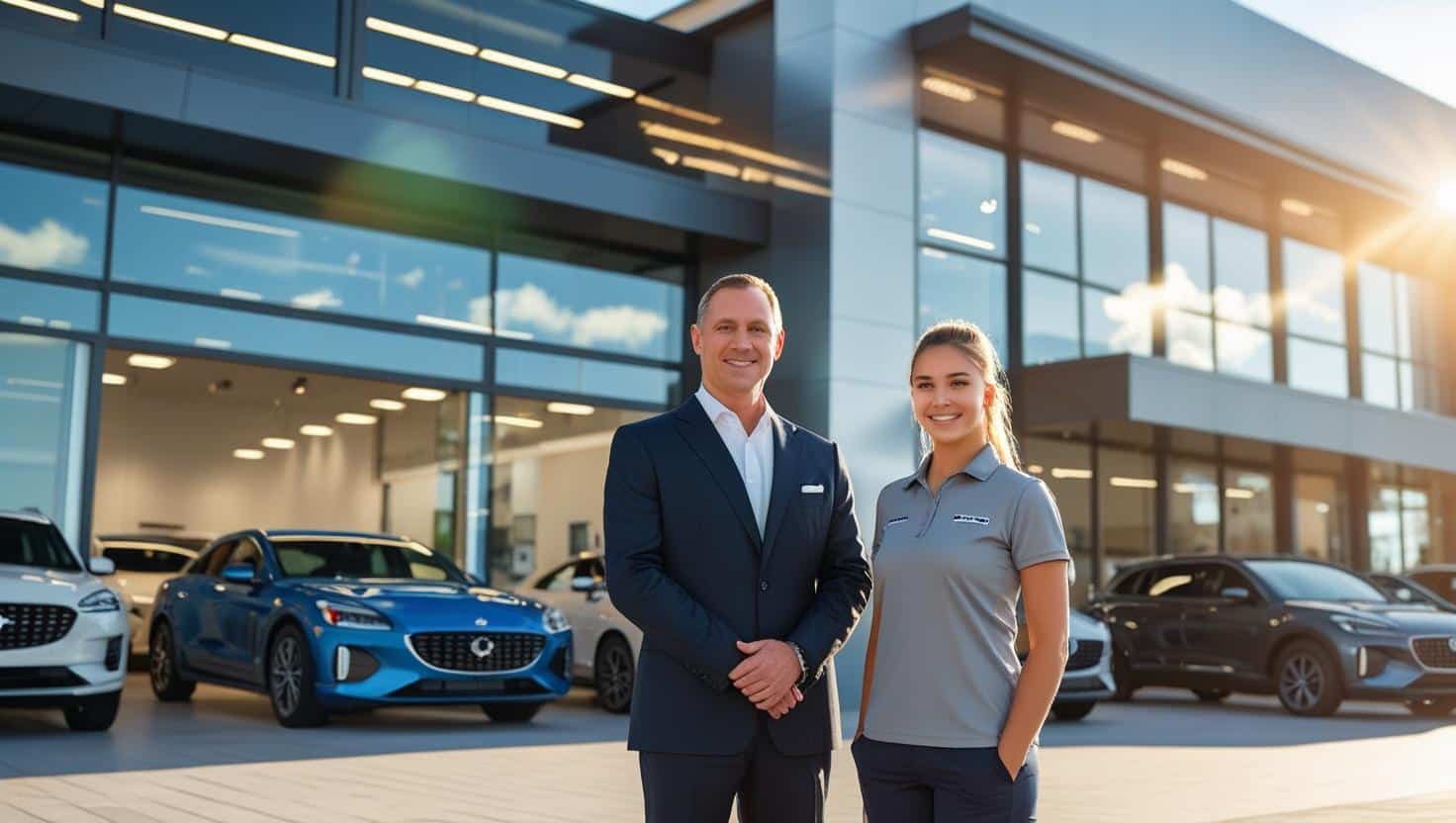 Der besitzer eines autohauses und einer seiner mitarbeiter